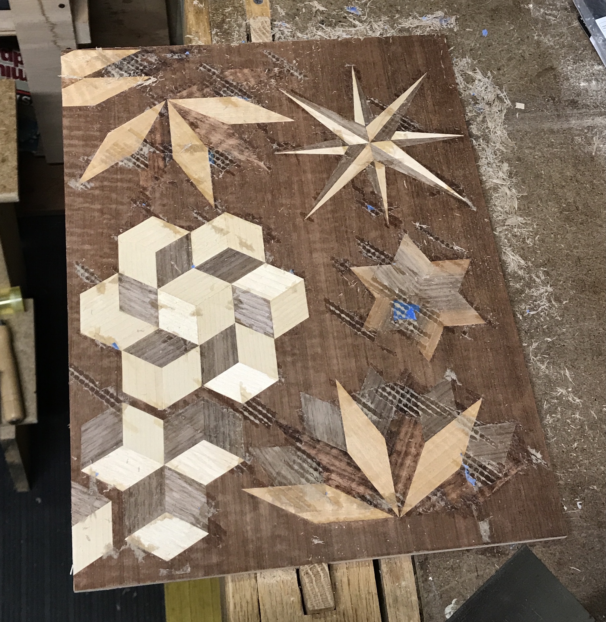 The parquetry collage after scraping and tape removal